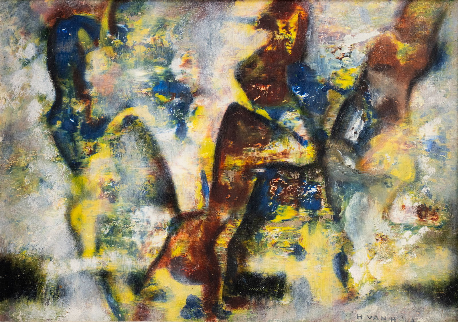 Hari Van Hoeffen Untitled Oil on Board Painting: A Hari Van Hoeffen (American, 1905-1985) oil on board painting depicting an abstract composition. Signed and dated '1954' lower right and on verso. Presented in a wooden frame. Hari Van Hoefen was a r