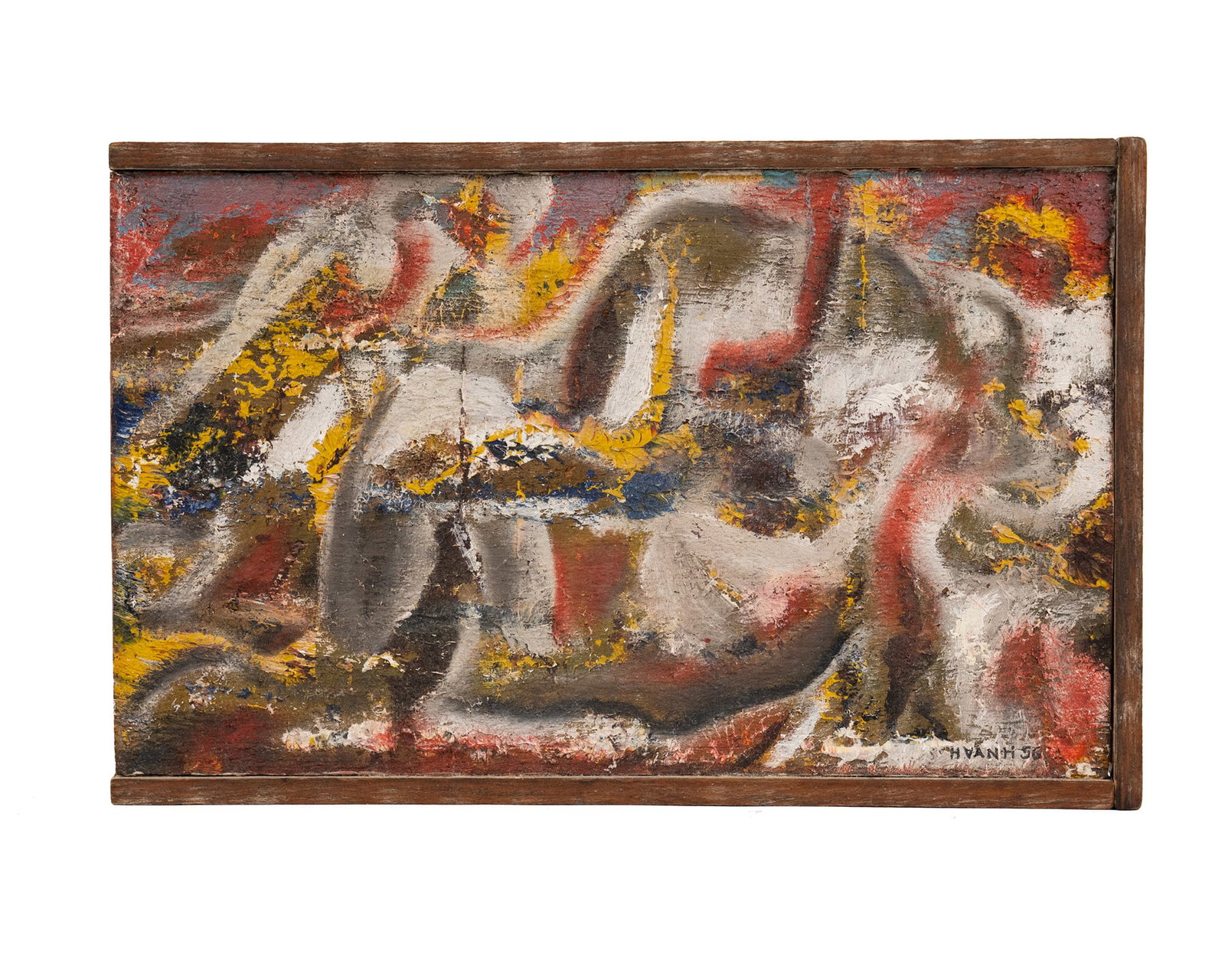 Hari Van Hoeffen Untitled Oil on Board Painting: A Hari Van Hoeffen (American, 1905-1985) oil on board painting depicting an abstract composition. Signed and dated '1956' lower right. Presented in a wooden frame. Hari Van Hoefen was a renowned archi