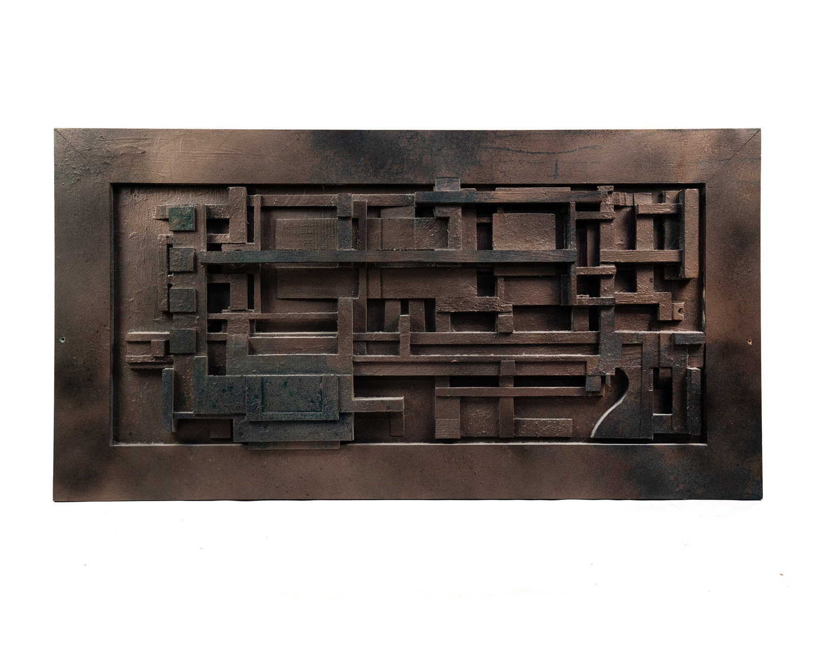 H. V. Hoeffen 'Varnish Operation' Mixed Media Sculpture: A Hari Van Hoeffen (American, 1905-1985) mixed media sculpture purportedly titled ‘Looking Back on the Age of Industrialism - Varnish Operation' depicting an abstract architectural composition. Sign