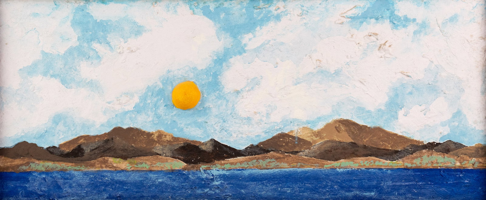 H. V. Hoeffen Untitled Mixed Media on Board Composition: A Hari Van Hoeffen (American, 1905-1985) mixed media sculpture or painting depicting a mountainous landscape behind a body of water with the sun hanging low in the sky. Signed and dated '1969' on vers