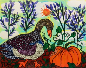 Sarah Rakes 'Pumpkin Dinner' Folk Art Acrylic on Paper