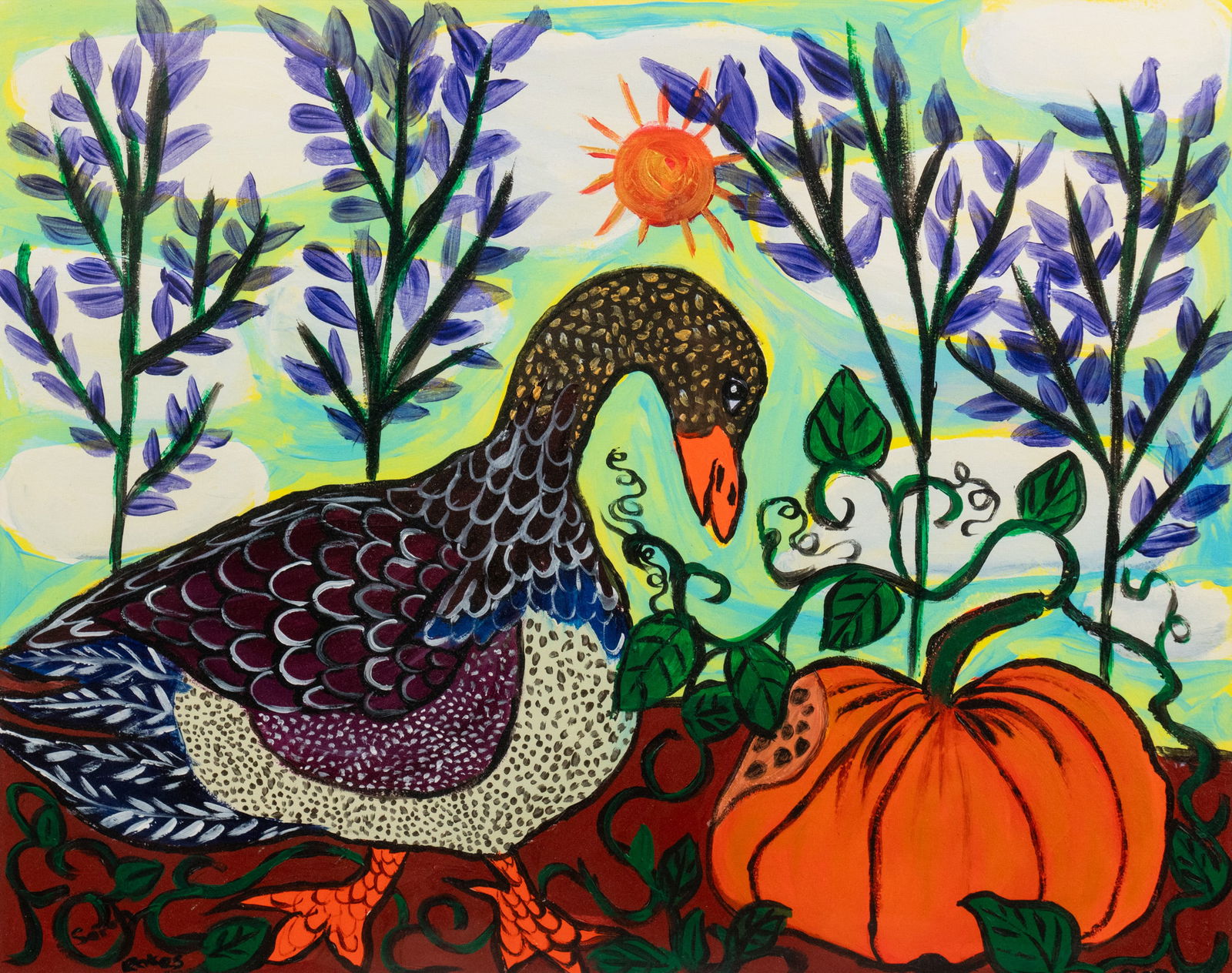 Sarah Rakes 'Pumpkin Dinner' Folk Art Acrylic on Paper (1 of 11)