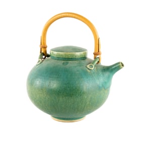 Japanese Mottled Salt Glazed Teapot with Rattan Handle