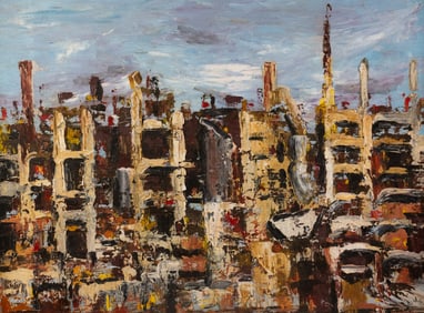 Signed J. GA Abstract Cityscape Oil on Board