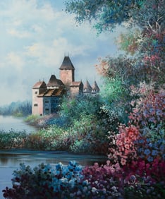 L Russell Castle Scene Acrylic on Canvas Painting