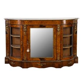 French Ormolu and Burled Walnut Marble Top Credenza