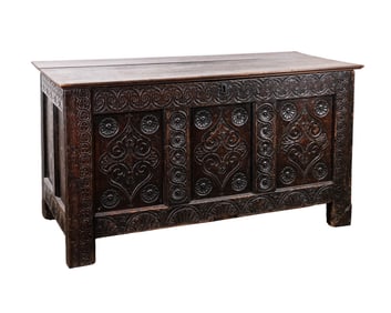 Early 19th C. Scottish Jacobean Carved Oak Trunk