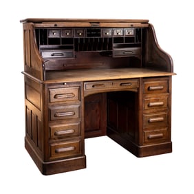 English Edwardian Oak Roll Top Desk