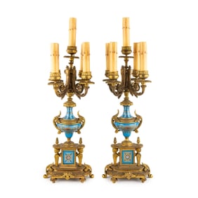 Pair of Sevres Style Porcelain and Ormolu Candelabras