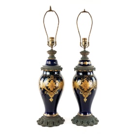 Pair of 19th C French Cobalt Blue Porcelain Table Lamps