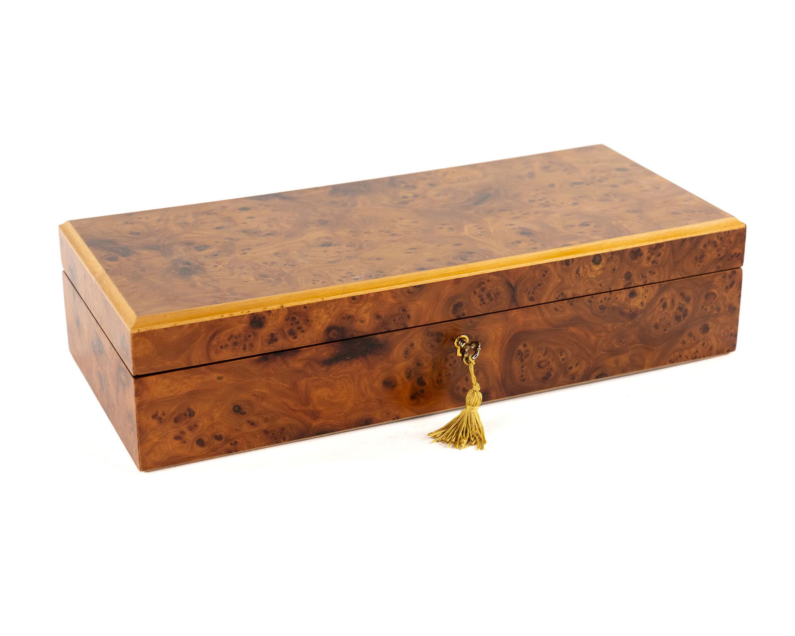 Italian Burl Wood Jewelry Box: An Italian burl wood jewelry box having a hinged lid and a velvet interior with five divided sections and two ring holders. Stamped 'Made in Italy' on underside. PICK UP The FINAL day to collect items