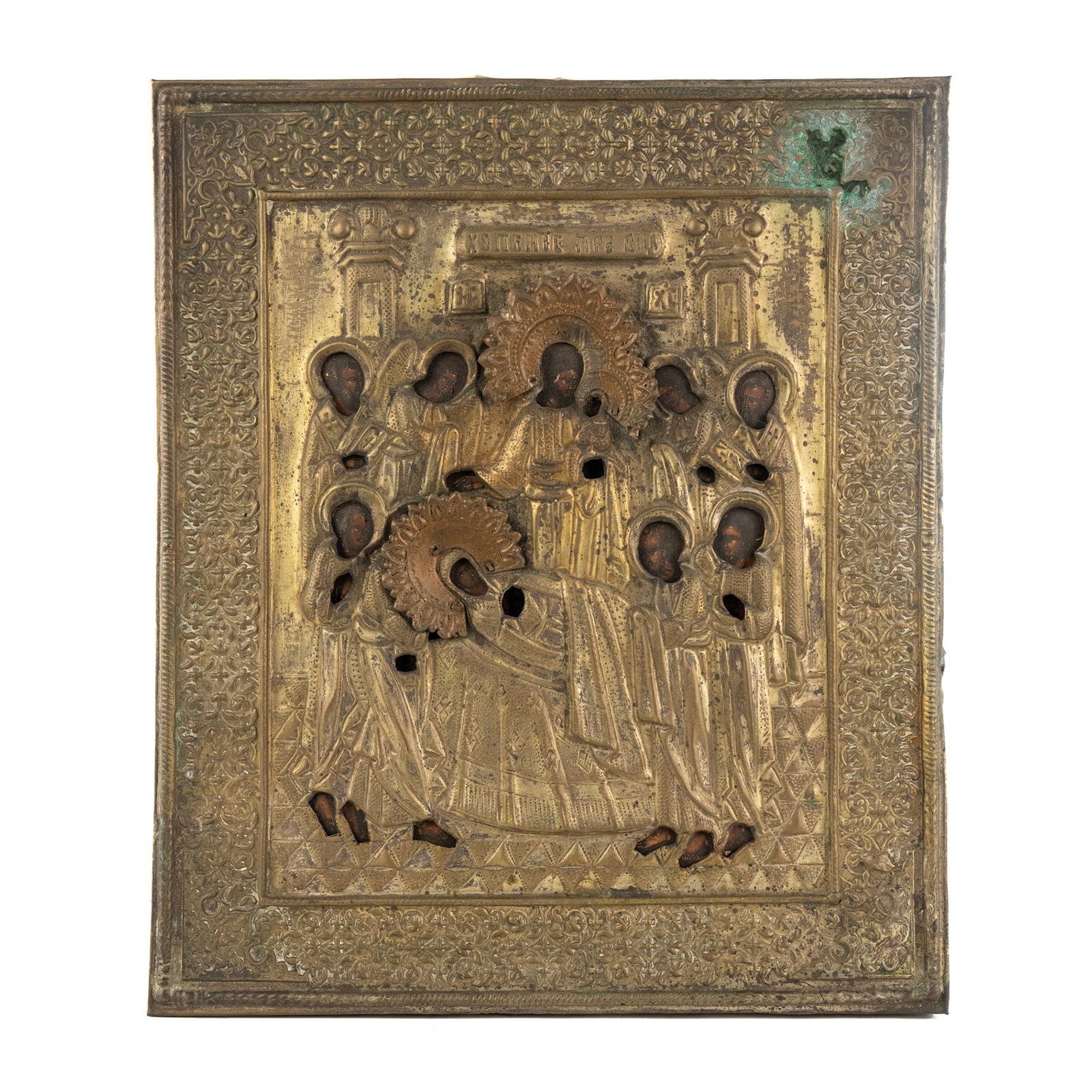 Antique Russian Icon of Dormition of the Mother of God: An antique Russian icon on wood with a embossed brass oklad and applied halos. This work depicts the Dormition of the Mother of God. PICK UP The FINAL day to collect items or have them shipped is June