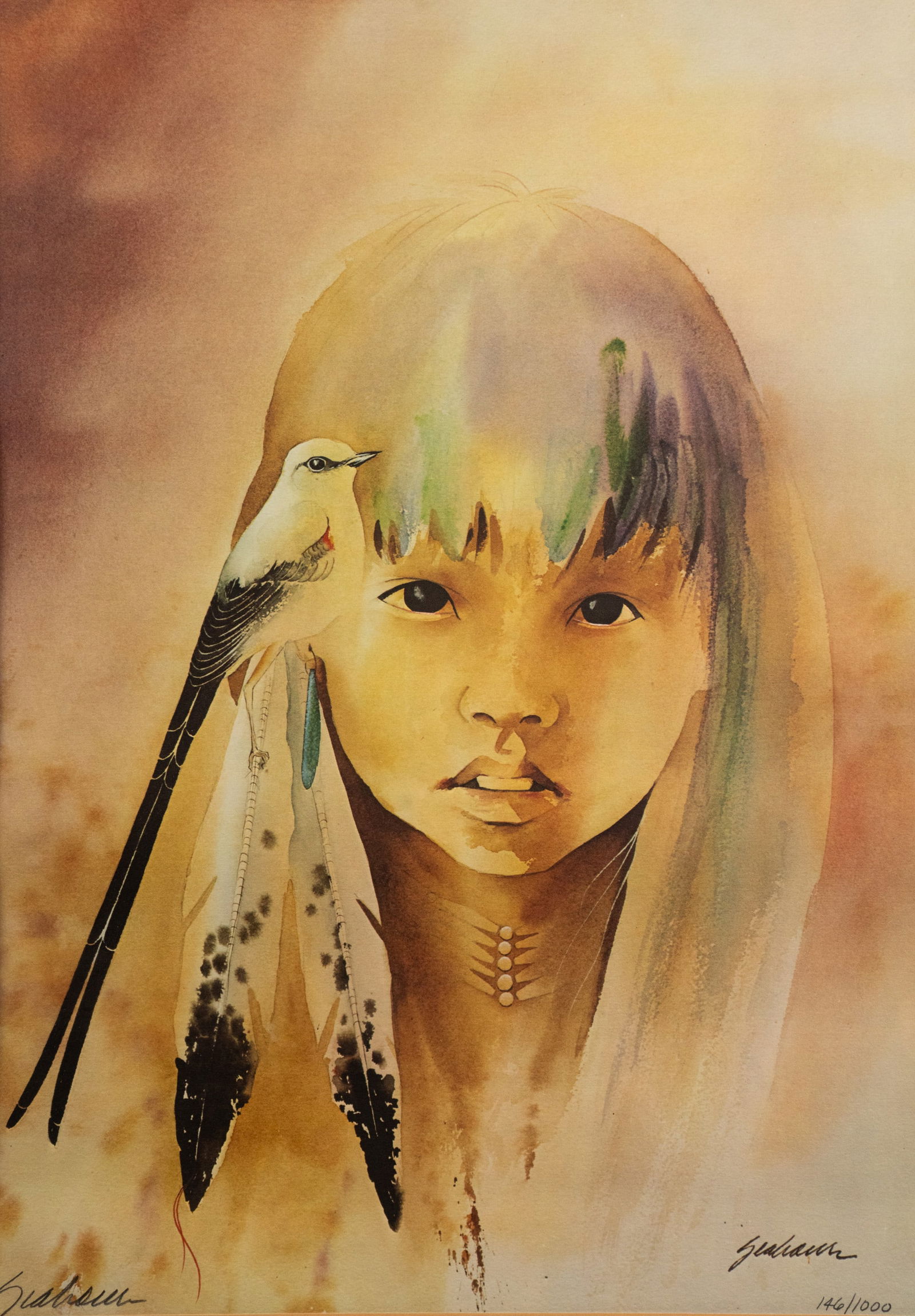 Bert Seabourn 'Oklahoma Girl' Offset Lithograph: A Bert Seabourne (American, 1931-2022) lithograph titled 'Oklahoma Girl' depicting the portrait of a Native American girl with a bird roosting in her hair. Pencil signed lower left and editioned '146/