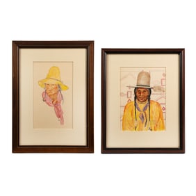 Pair of Hari Van Hoefen Watercolor on Paper Portraits