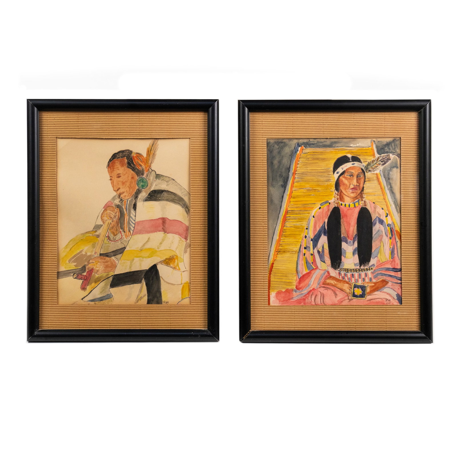 Pair of Hari Van Hoefen Watercolor on Paper Portraits: A pair of Hari Van Hoeffen (American, 1905-1985) watercolor on paper paintings each depicting a portrait of a native american person. Both signed lower right and presented in a frame behind glass. Sig