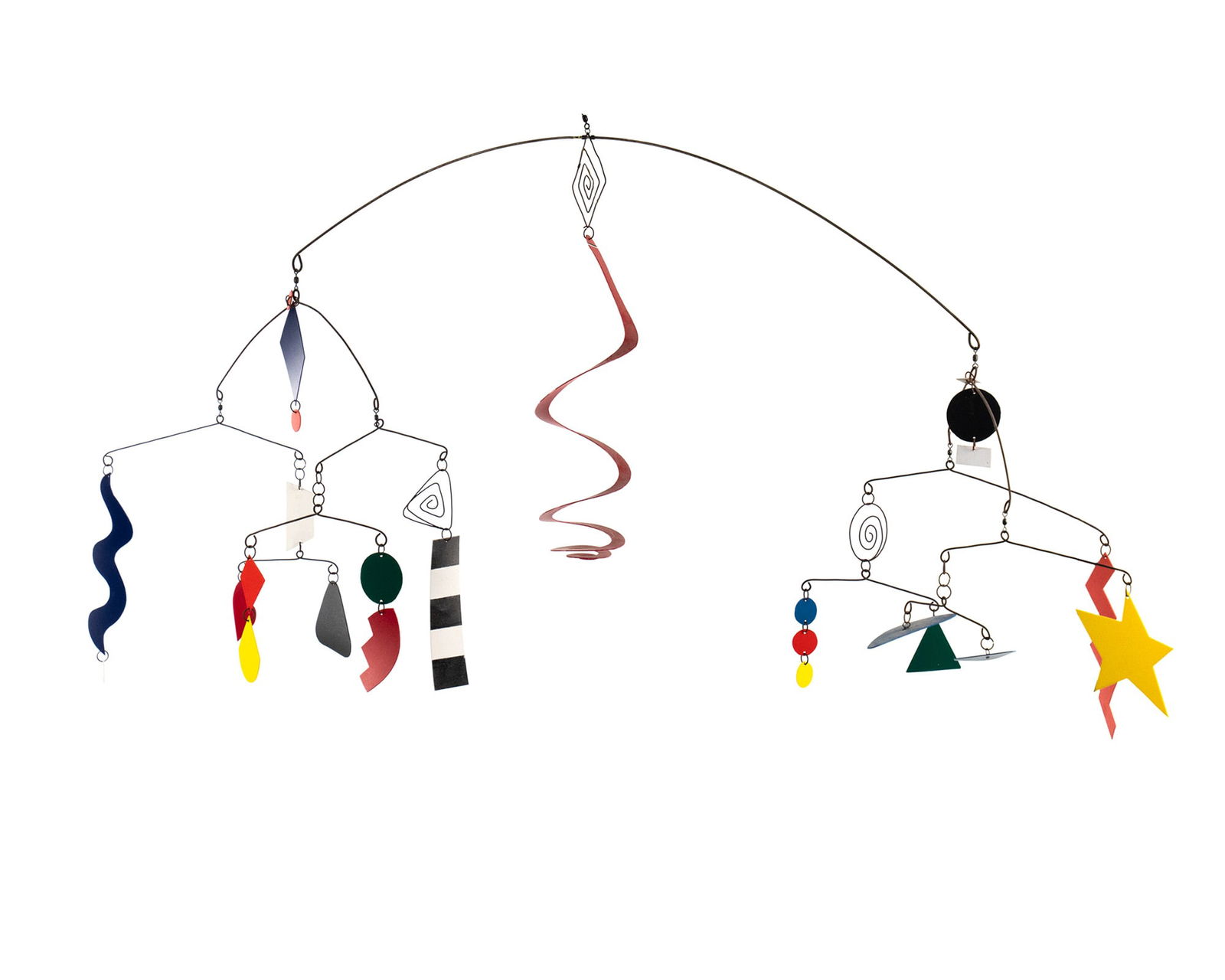 Vintage Postmodern Plastic and Aluminum Mobile: A vintage postmodern plastic and aluminum mobile having an assortment of colorful plastic shapes suspended from an aluminum frame. SHIPPING Atlanta Auction Gallery will NOT ship this lot in-house. The