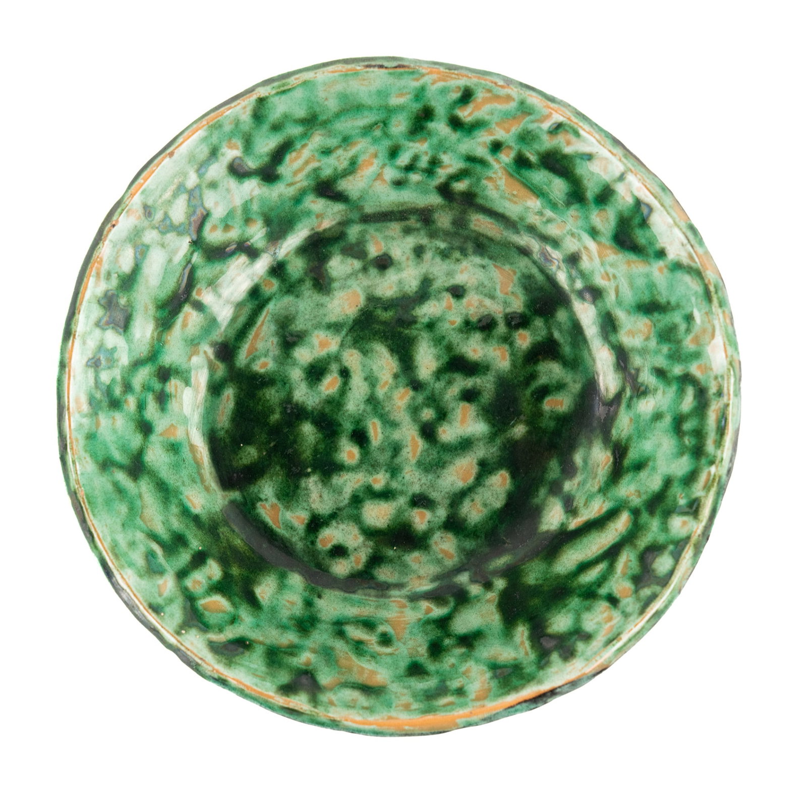 Mid Century Mottled Glaze Ceramic Bowl: A mid century mottled green glaze ceramic bowl having a gloss black glazed underside. Marked 'HJ' and '4162' on underside. PICK UP The FINAL day to collect items or have them shipped is June 10th. NO 