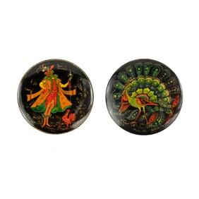 Pair of Russian Hand Painted Lacquered Wooden Brooches