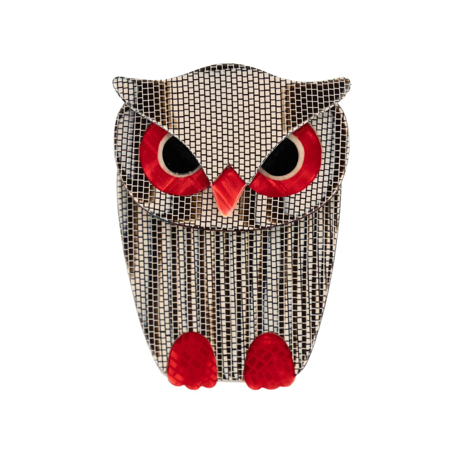 Lea Stein 'Buba the Owl' Mosaic Brooch: A Lea Stein (French, b. 1936) resin brooch titled 'Buba the Owl'. Stamped on clasp. PICK UP The FINAL day to collect items or have them shipped is June 10th. NO exceptions. All pick ups will REQUIRE a