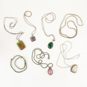 (7) Group of Stone Pendant & Sterling Silver Necklaces