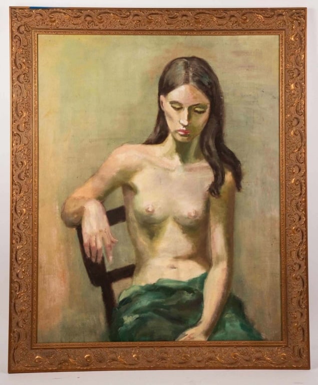 RUSSIAN SCHOOL, NUDE STUDY, OIL ON BOARD: 20th century, seated half length female nude with green drape, oil on canvas, apparently unsigned, presented in a molded gilt frame. Note: Each lot in this auction was stored in an active industrial w