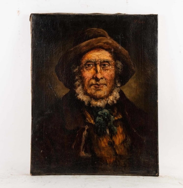 ANTIQUE PORTRAIT OF A MAN O/C UNFRAMED: Antique portrait of a man, oil on canvas, unframed. Note: Each lot in this auction was stored in an active industrial warehouse. Accordingly, lots may exhibit dust and/or surface residue and may benef