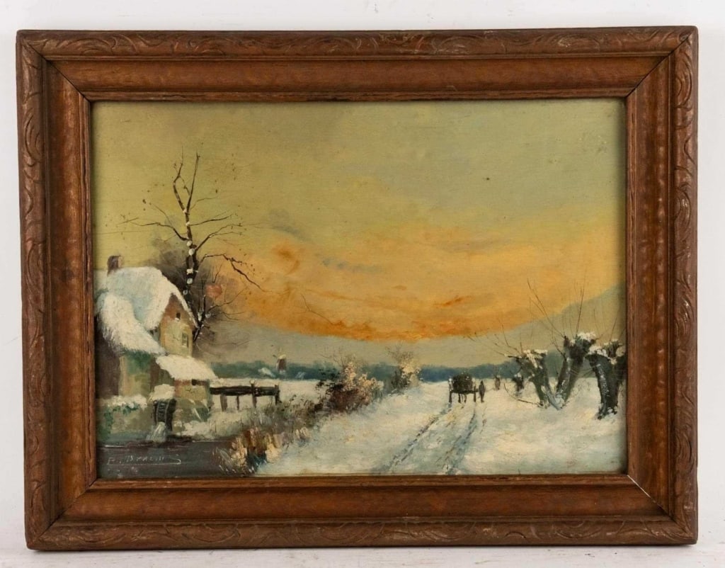 SNOWY ROAD SCENE OIL ON BOARD SIGNED: Snowy road scene, oil on board, signed, painting is under glass. Note: Each lot in this auction was stored in an active industrial warehouse. Accordingly, lots may exhibit dust and/or surface residue 