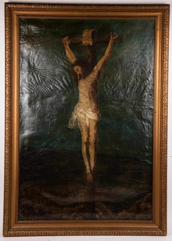 PORTRAIT OF CRUCIFIED JESUS, SIGNED, FRAMED: Oil on canvas. Signed to lr. Framed. Note: Each lot in this auction was stored in an active industrial warehouse. Accordingly, lots may exhibit dust and/or surface residue and may benefit from cleanin