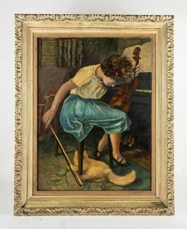 PORTRAIT OF A CHILD & CAT, OIL ON BOARD, SIGNED: Portrait of a child & cat, oil on board, signed to ll "Metzger". Framed. Note: Each lot in this auction was stored in an active industrial warehouse. Accordingly, lots may exhibit dust and/or surface 