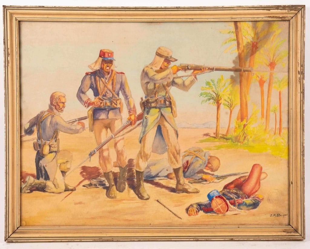 DESERT BATTLE SCENE, WATERCOLOR, SIGNED (1 of 6)