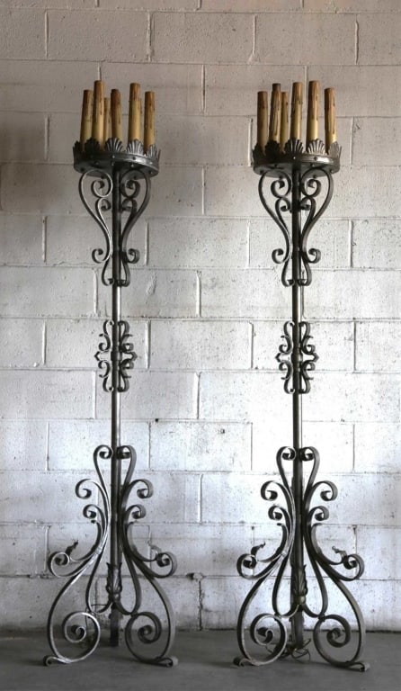 SPANISH WROUGHT IRON 7-LIGHT TORCHiERES (1 of 7)