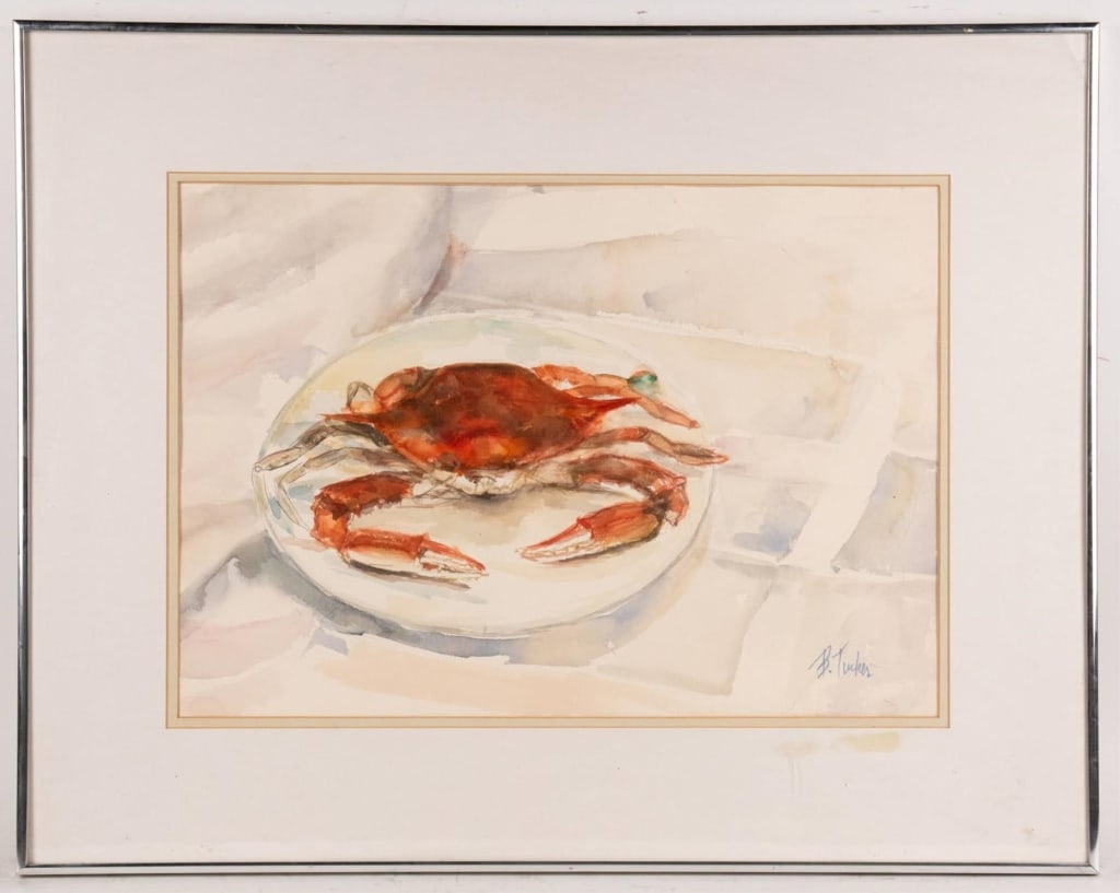 B. TUCKER, CRAB STILL LIFE, WATERCOLOR ON PAPER: Watercolor on paper. Signed to or. Framed. Note: Each lot in this auction was stored in an active industrial warehouse. Accordingly, lots may exhibit dust and/or surface residue and may benefit from c