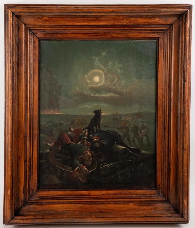 BATTLEFIELD NIGHT SCENE, OIL ON CANVAS: Oil on canvas nocturne with full moon above a battlefield fallen soldiers cannon wheel and sabers in foreground a black dog atop the mound and distant troops with fire on horizon, presented in a molde