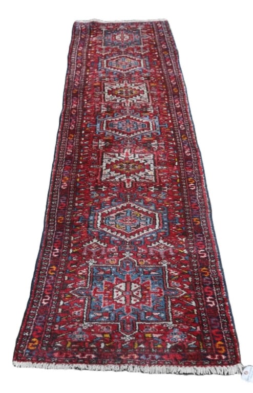 KARAJEN HAND WOVEN 9' PERSIAN RUNNER: Hand woven Persian Karajan runner. Note: Each lot in this auction was stored in an active industrial warehouse. Accordingly, lots may exhibit dust and/or surface residue and may benefit from cleaning.