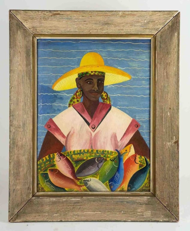 PORTRAIT OF A WOMAN W/FISH, ACRYLIC ON BOARD: Haitian School, portrait of a woman w/fish, acrylic on board signed to lr. Framed. Note: Each lot in this auction was stored in an active industrial warehouse. Accordingly, lots may exhibit dust and/o