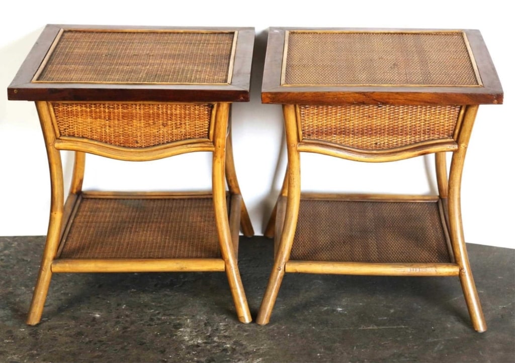MAHOGANY & RATTAN ISLAND SIDE TABLES: Pair of mahogany & rattan side tables. Note: Each lot in this auction was stored in an active industrial warehouse. Accordingly, lots may exhibit dust and/or surface residue and may benefit from clean
