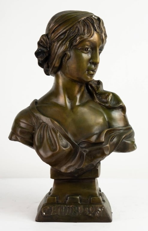ART NOUVEAU STYLE BRONZE BUST OF CINDERELLA: Art nouveau style bronze bust, marked "Cendrillon" to base. Note: Each lot in this auction was stored in an active industrial warehouse. Accordingly, lots may exhibit dust and/or surface residue and m