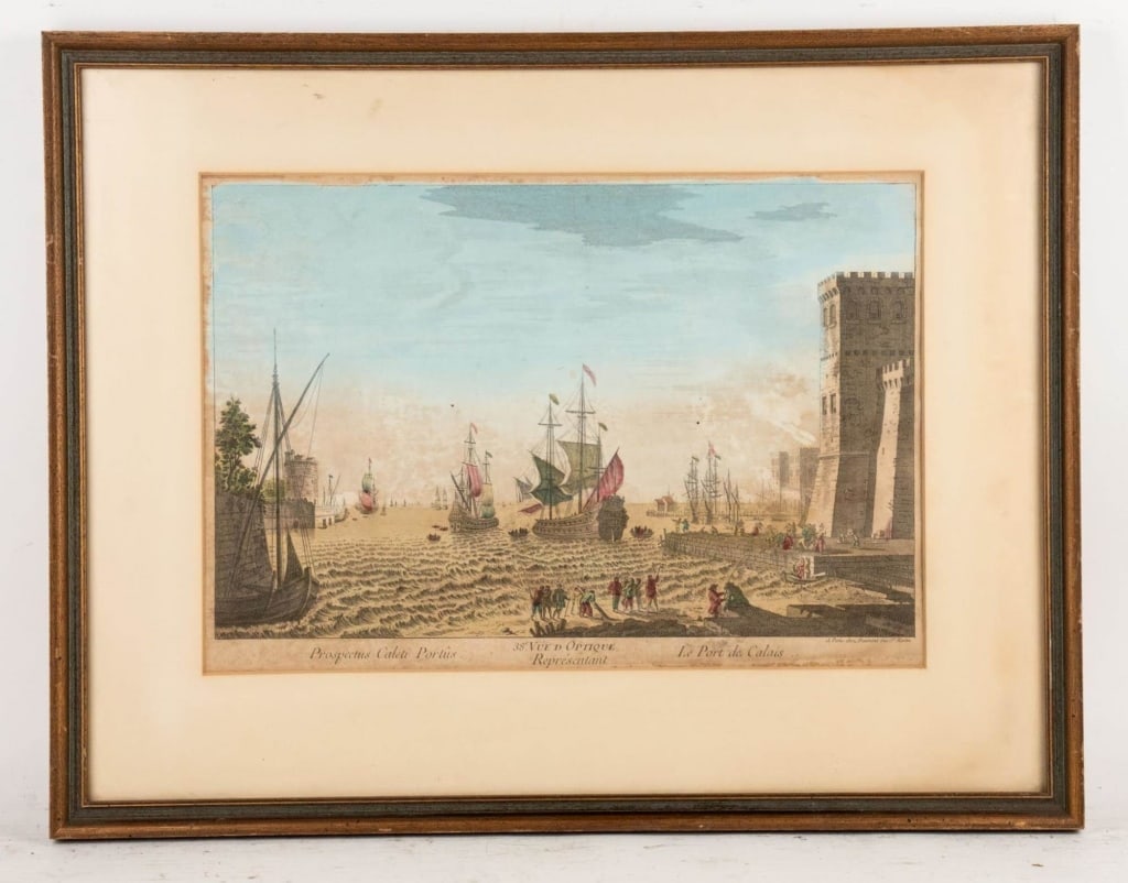 HAND COLORED ENGRAVING, THE PORT OF CALAIS: Framed hand colored engraving of the port of Calais. Printed in Paris. Note: Each lot in this auction was stored in an active industrial warehouse. Accordingly, lots may exhibit dust and/or surface re