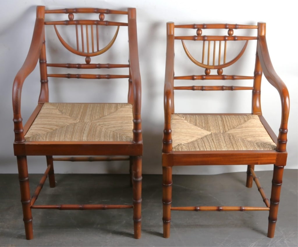 CARIBBEAN STYLE HIS AND HERS FAUX BAMBOO CHAIRS: His and hers faux bamboo Caribbean chairs. Note: Each lot in this auction was stored in an active industrial warehouse. Accordingly, lots may exhibit dust and/or surface residue and may benefit from c