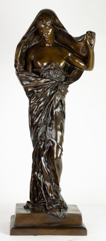AFTER BARRIAS, 'LA NATURE', BRONZE: After Louis-Ernest Barrias, "Nature Unveiling Herself Before Science", bronze, later casting. Note: Each lot in this auction was stored in an active industrial warehouse. Accordingly, lots may exhibit