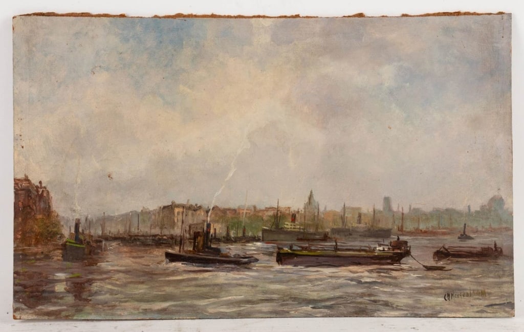 HARBOR SCENE WITH SHIPS OIL ON MASONITE UNFRAMED: Harbor scene with ships, oil on masonite, signed LR "CH Keisenbaum". unframed. Note: Each lot in this auction was stored in an active industrial warehouse. Accordingly, lots may exhibit dust and/or su