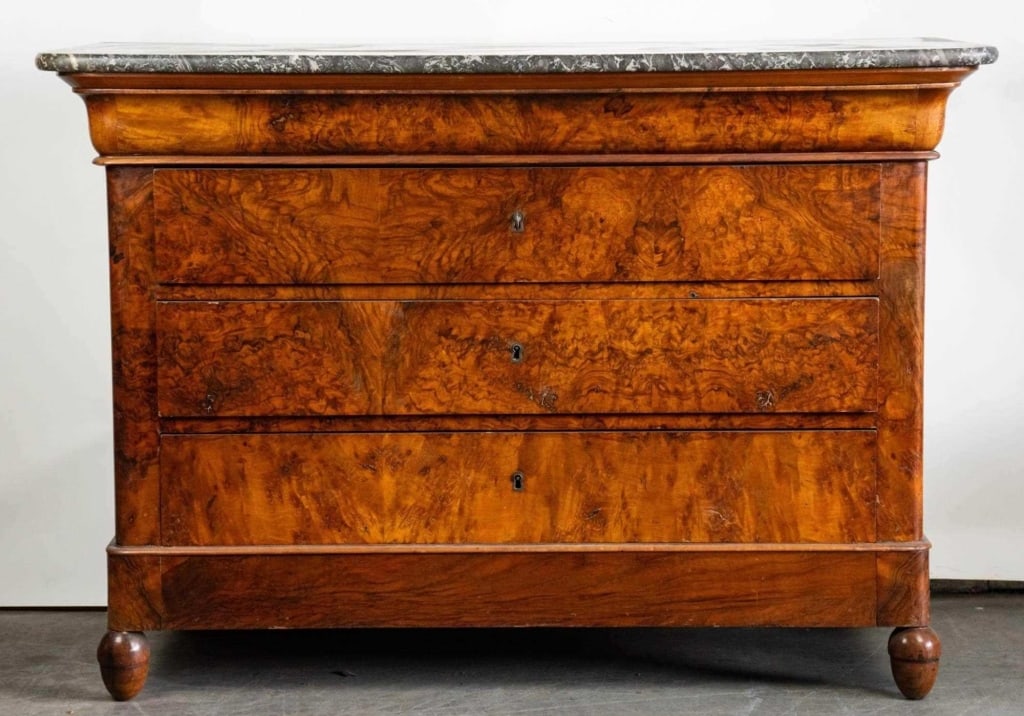 FRENCH LOUIS PHILIPPE BURL MARBLE TOP COMMODE (1 of 5)