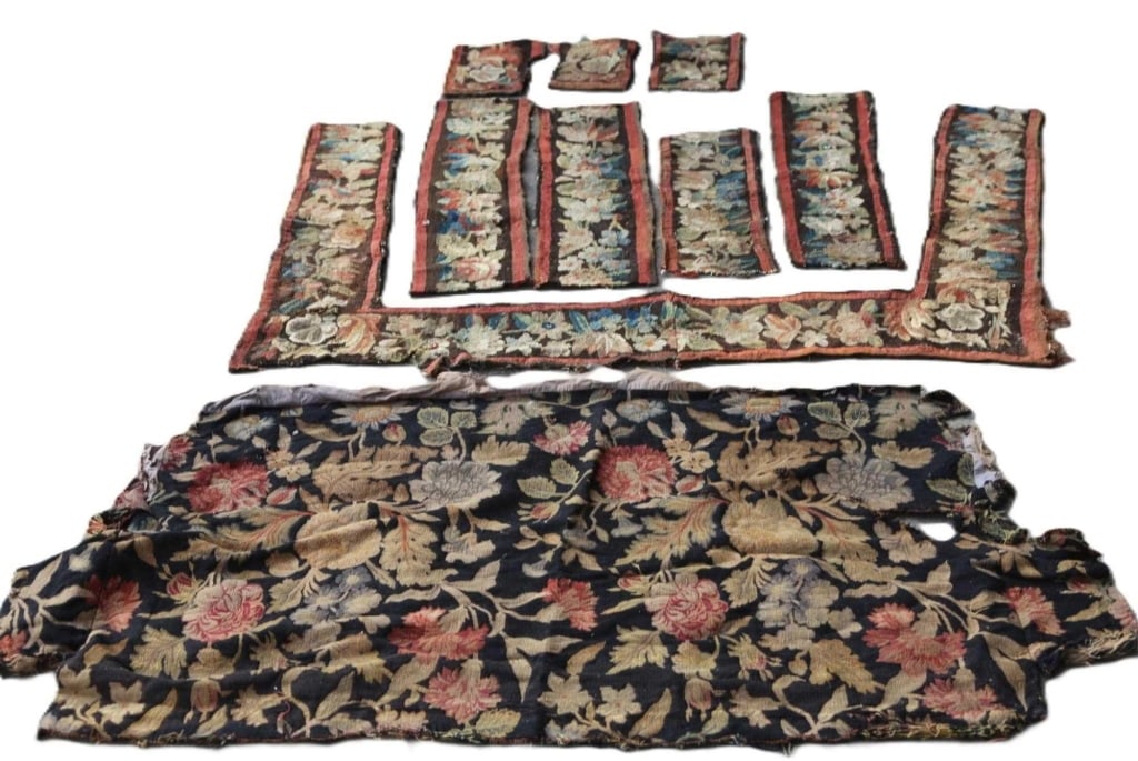 FRENCH NEEDLEPOINT ANTIQUE FRAGMENT GROUPING: French needlepoint antique fragment grouping. Note: Each lot in this auction was stored in an active industrial warehouse. Accordingly, lots may exhibit dust and/or surface residue and may benefit fro