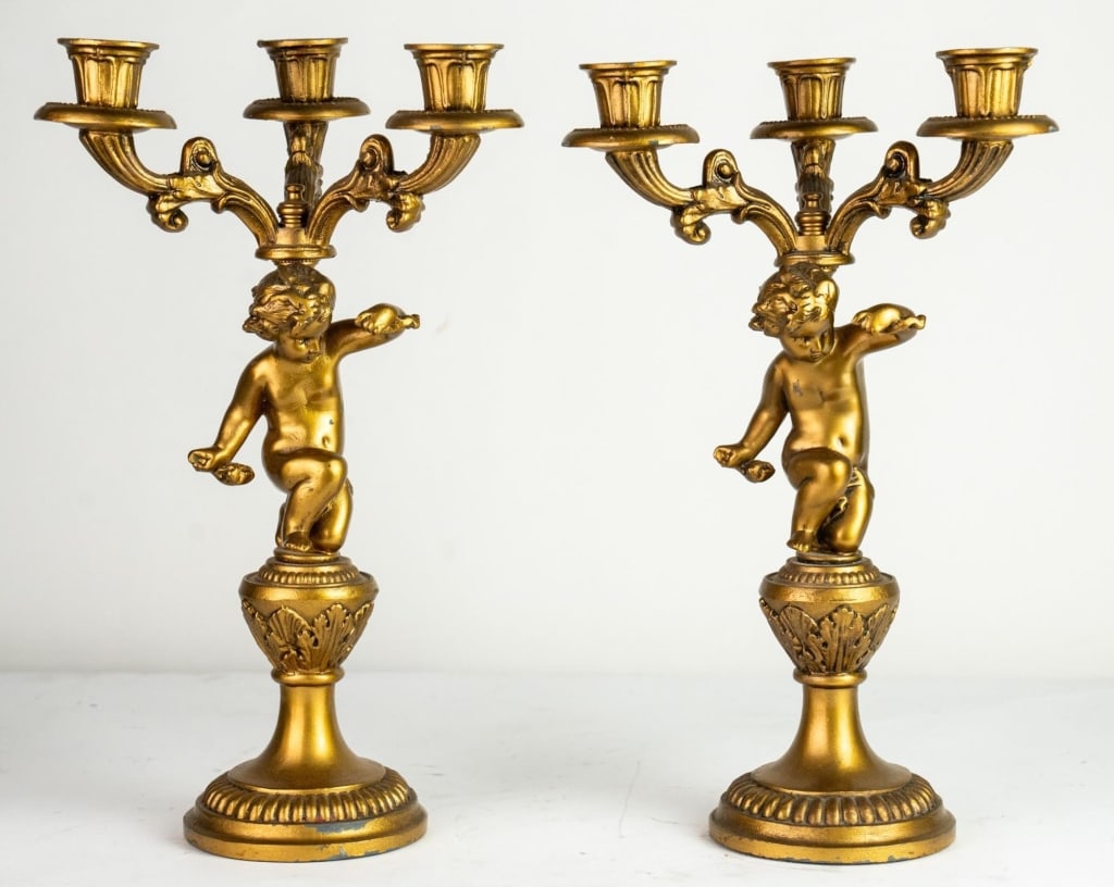 FRENCH GILT METAL 3 ARM CANDELABRA WITH PUTTI: French gilt metal 3 arm candelabra with putti. Note: Each lot in this auction was stored in an active industrial warehouse. Accordingly, lots may exhibit dust and/or surface residue and may benefit fr