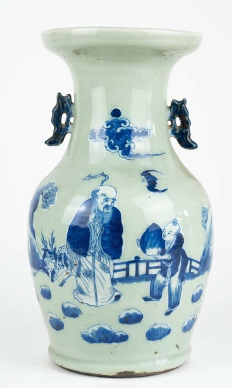 CHINESE 19TH C. CELADON BALUSTER VASE: Chinese 19th c. Celadon baluster vase applied handles. Note: Each lot in this auction was stored in an active industrial warehouse. Accordingly, lots may exhibit dust and/or surface residue and may be