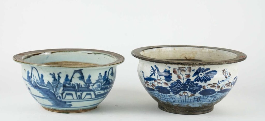 CHINESE ANTIQUE LOW BOWLS: Two antique Chinese low bowls. Note: Each lot in this auction was stored in an active industrial warehouse. Accordingly, lots may exhibit dust and/or surface residue and may benefit from cleaning. App
