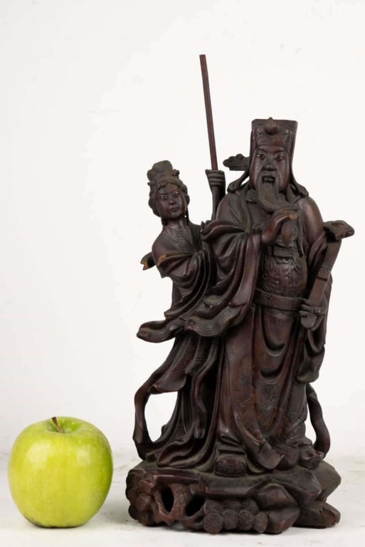 CHINESE CARVED WOOD SCULPTURE OF 2 FIGURES: Chinese carved wood sculpture of 2 figures. Note: Each lot in this auction was stored in an active industrial warehouse. Accordingly, lots may exhibit dust and/or surface residue and may benefit from 