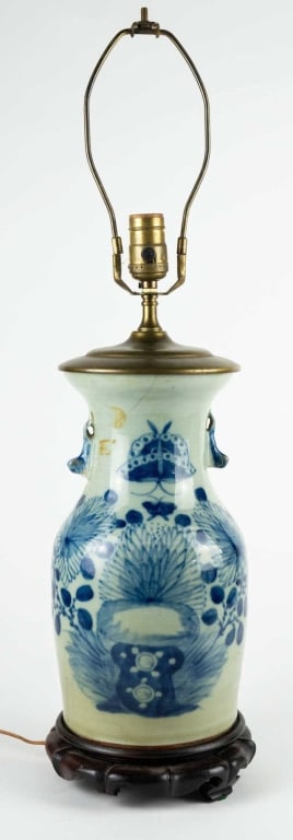 CHINESE LATE 19TH C. BLUE AND WHITE TABLE LAMP: Chinese, 19th century. Applied handles. One foot is missing. Note: Each lot in this auction was stored in an active industrial warehouse. Accordingly, lots may exhibit dust and/or surface residue and 