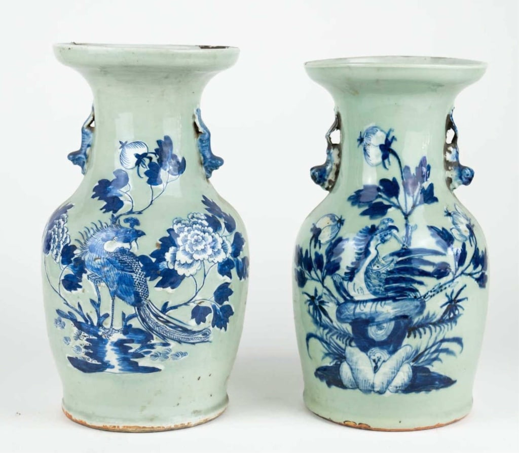 CHINESE PAIR OF 19TH C. FLORAL & BIRD MOTIF VASES: Chinese pair of 19th c. Floral & bird motif celadon vases. Note: Each lot in this auction was stored in an active industrial warehouse. Accordingly, lots may exhibit dust and/or surface residue and ma