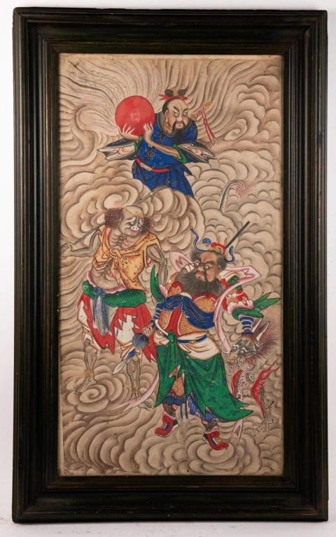 CHINESE HAND PAINTED WITH GILT ACCENTS: Chinese hand painted gouache and ink with gilt accents. Note: Each lot in this auction was stored in an active industrial warehouse. Accordingly, lots may exhibit dust and/or surface residue and may b